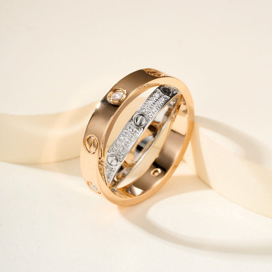 [Rosla]LOVE PINK GOLD SILVER DIAMOND DOUBLE RING