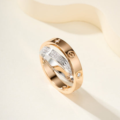 [Rosla]LOVE PINK GOLD SILVER DIAMOND DOUBLE RING