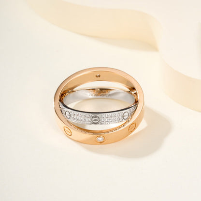 [Rosla]LOVE PINK GOLD SILVER DIAMOND DOUBLE RING