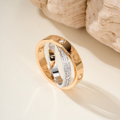 [Rosla]LOVE PINK GOLD SILVER DIAMOND DOUBLE RING