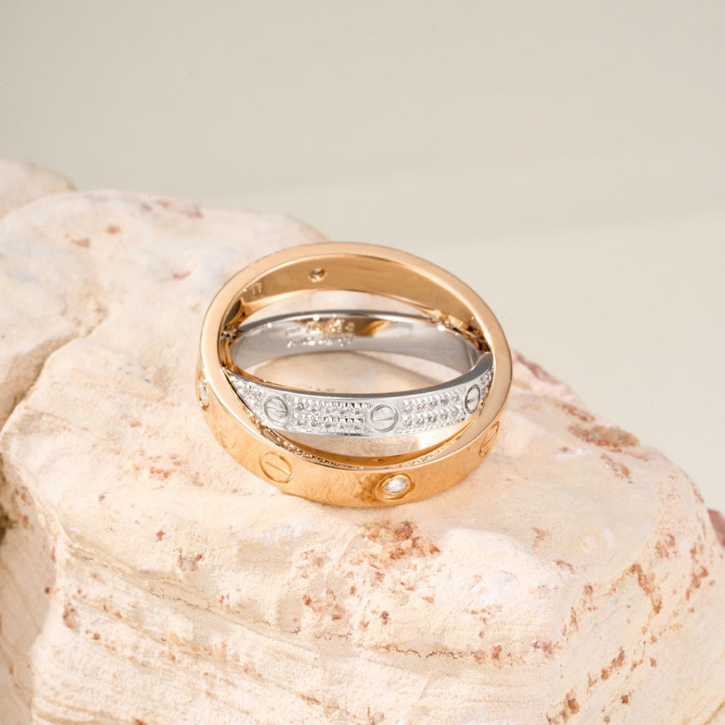 [Rosla]LOVE PINK GOLD SILVER DIAMOND DOUBLE RING