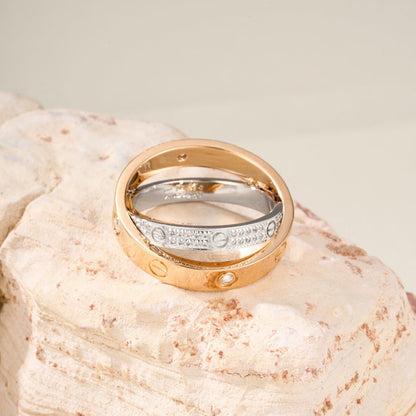 [Rosla]LOVE PINK GOLD SILVER DIAMOND DOUBLE RING