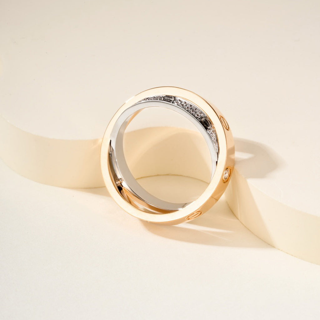 [Rosla]LOVE PINK GOLD SILVER DIAMOND DOUBLE RING