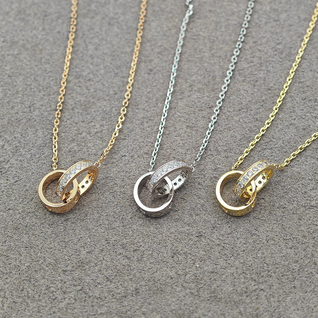 [Rosla]LOVE DOUBLE RING HALF DIAMOND NECKLACE