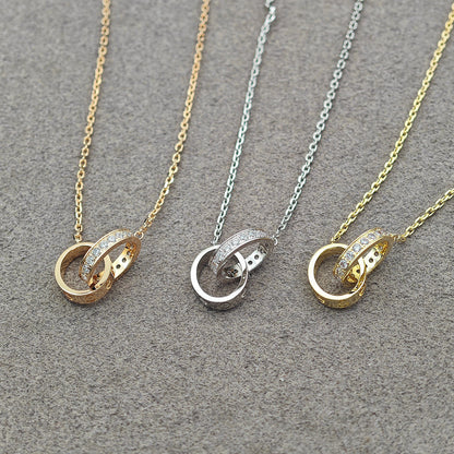 [Rosla]LOVE DOUBLE RING HALF DIAMOND NECKLACE
