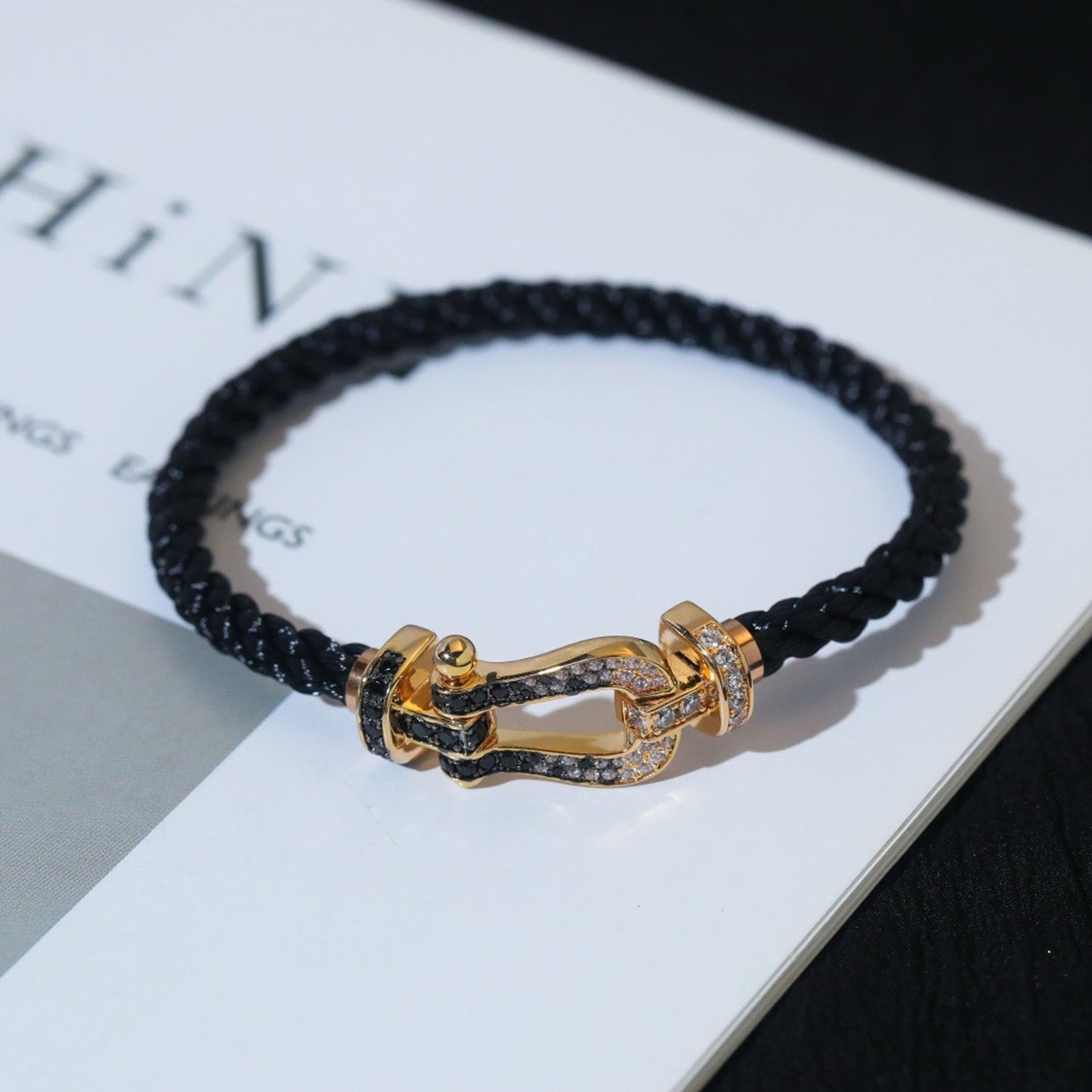 [Rosla]FORCE LARGE HORSESHOE BLACK WHITE DIAMOND BRACELET SILVER