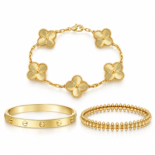 [Rosla] CLASH & Clover Laser 5-Motif & LOVE Brushed Bracelet Stack Set