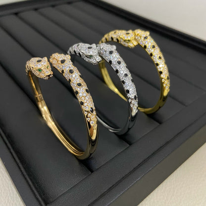 [Rosla]PANTHERE DOUBLE HEADED HALF DIAMOND OPEN BRACELET