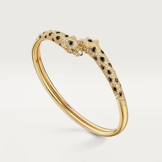 [Rosla]PANTHERE DOUBLE HEADED HALF DIAMOND OPEN BRACELET