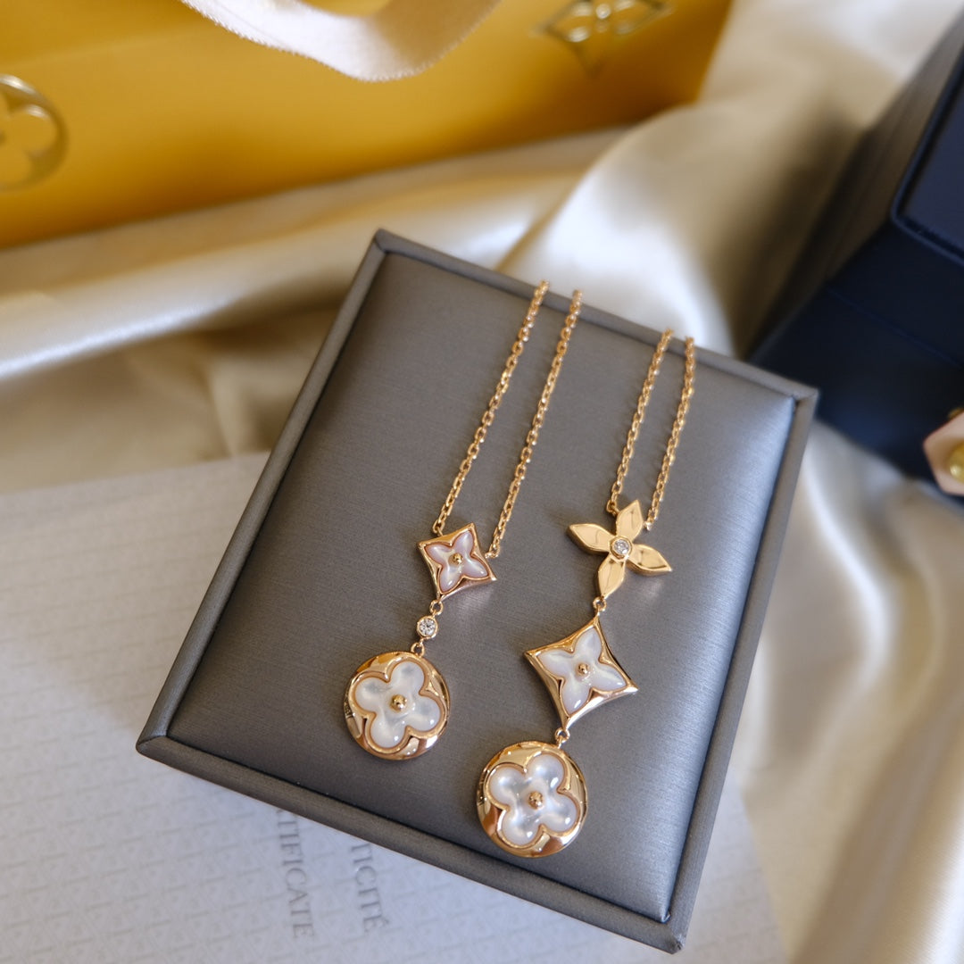 [Rosla]COLOR BLOSSOM LARIAT NECKLACE PINK GOLD WHITE MOTHER PEARL AND DIAMOND