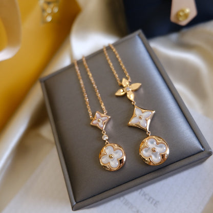 [Rosla]COLOR BLOSSOM LARIAT NECKLACE PINK GOLD WHITE MOTHER PEARL AND DIAMOND
