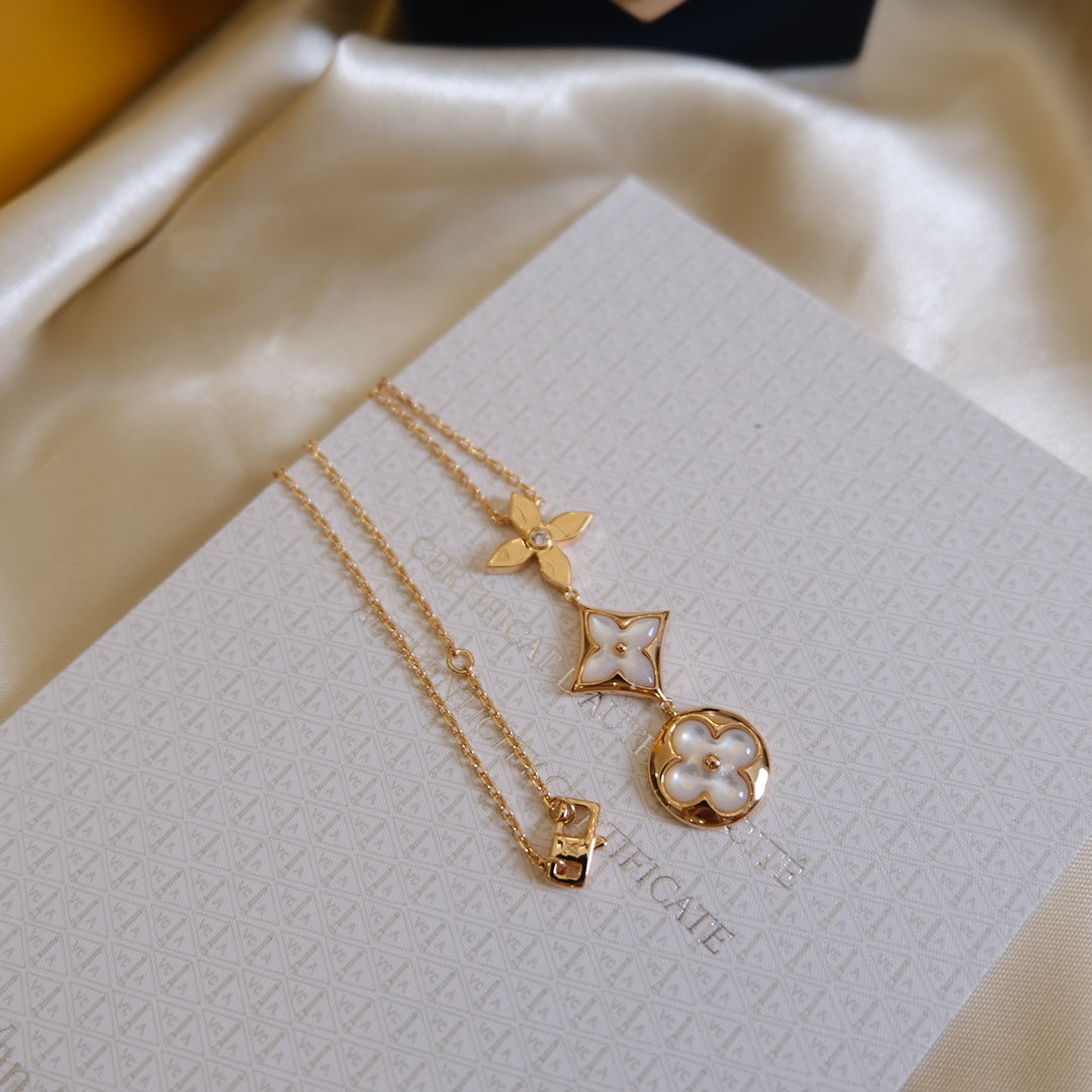 [Rosla]COLOR BLOSSOM LARIAT NECKLACE PINK GOLD WHITE MOTHER PEARL AND DIAMOND