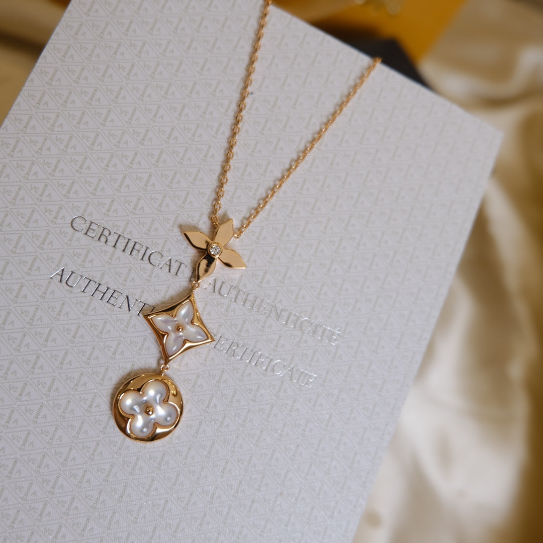 [Rosla]COLOR BLOSSOM LARIAT NECKLACE PINK GOLD WHITE MOTHER PEARL AND DIAMOND