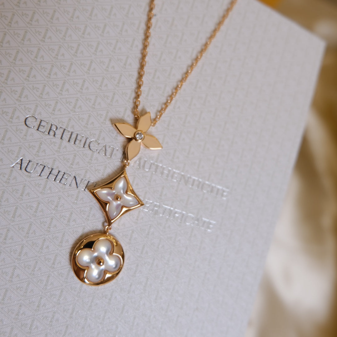 [Rosla]COLOR BLOSSOM LARIAT NECKLACE PINK GOLD WHITE MOTHER PEARL AND DIAMOND