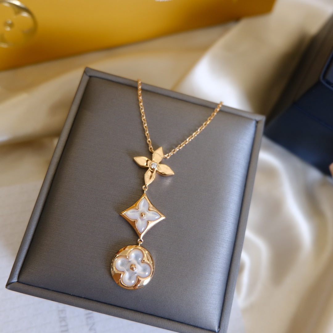 [Rosla]COLOR BLOSSOM LARIAT NECKLACE PINK GOLD WHITE MOTHER PEARL AND DIAMOND