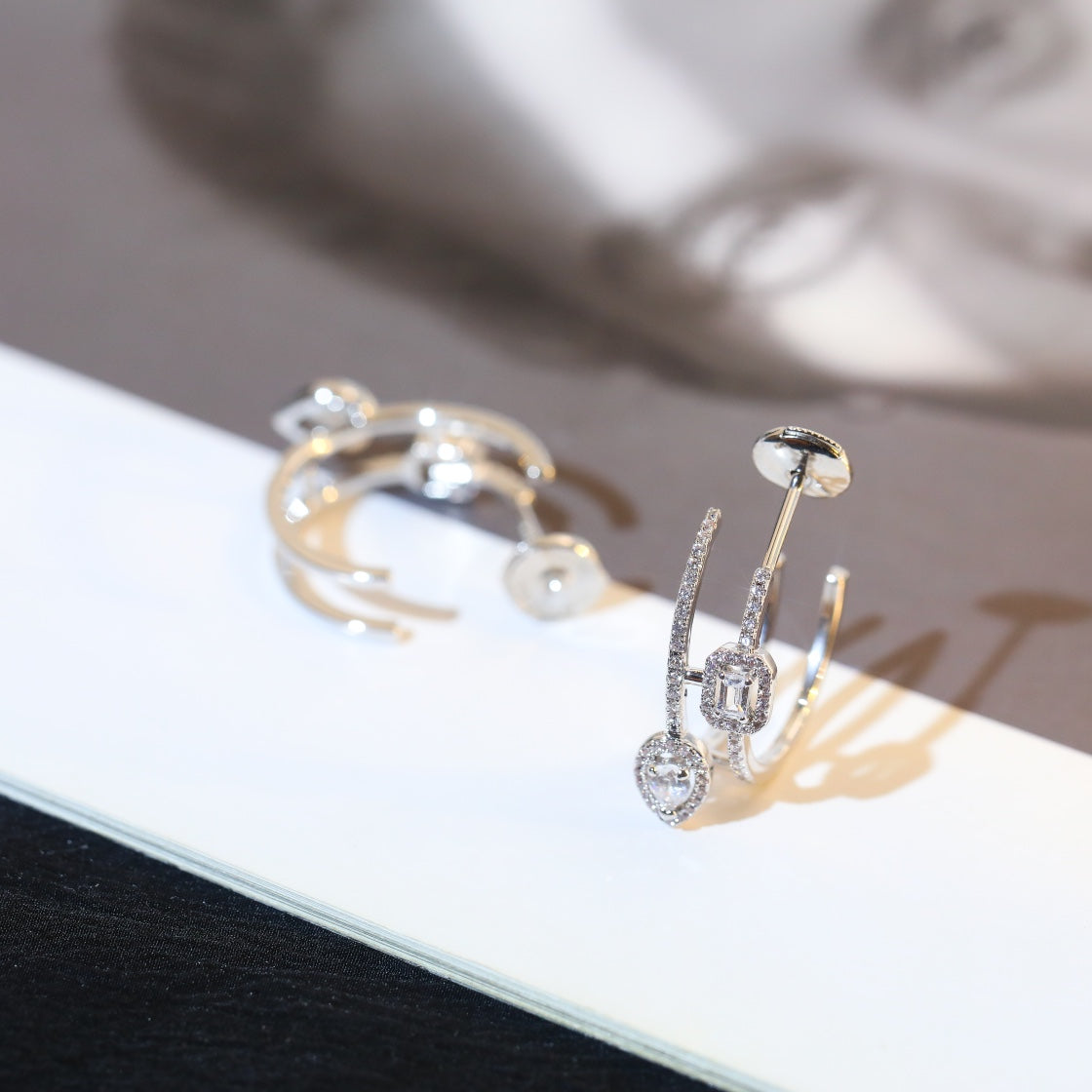 [Rosla]CREOLES MY TWIN 2 RANGS SILVER DIAMOND EARRINGS