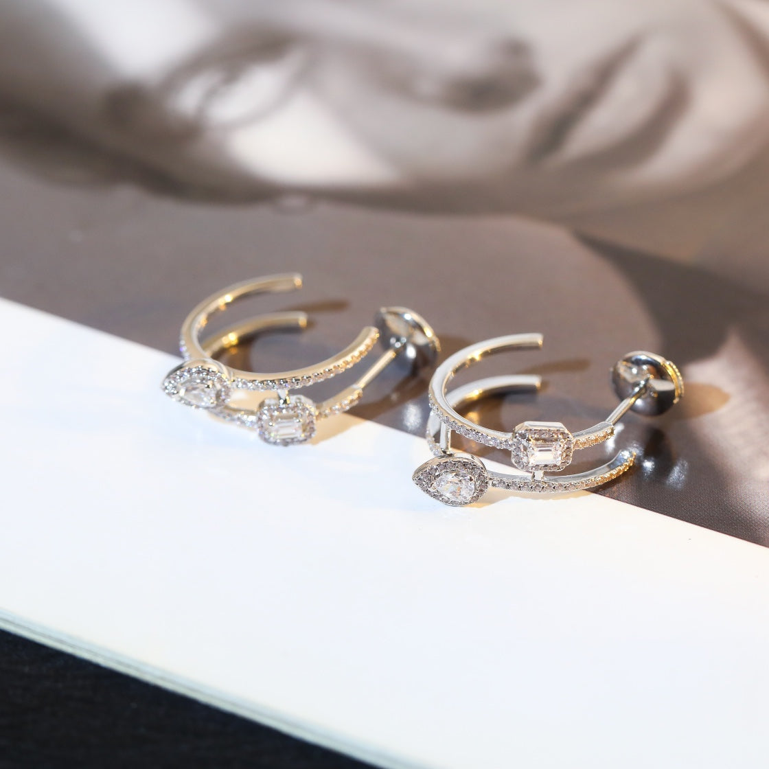 [Rosla]CREOLES MY TWIN 2 RANGS SILVER DIAMOND EARRINGS