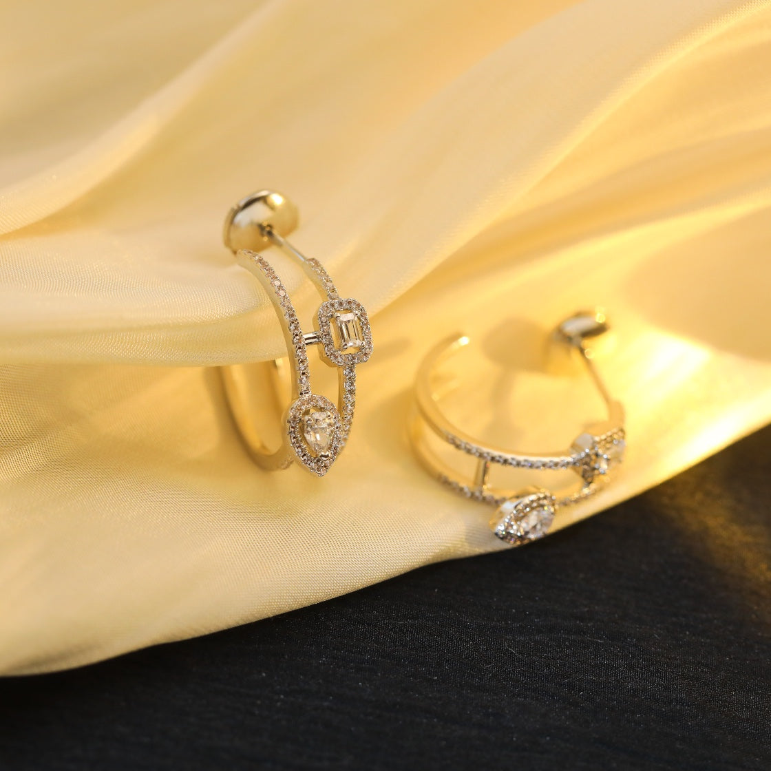 [Rosla]CREOLES MY TWIN 2 RANGS SILVER DIAMOND EARRINGS