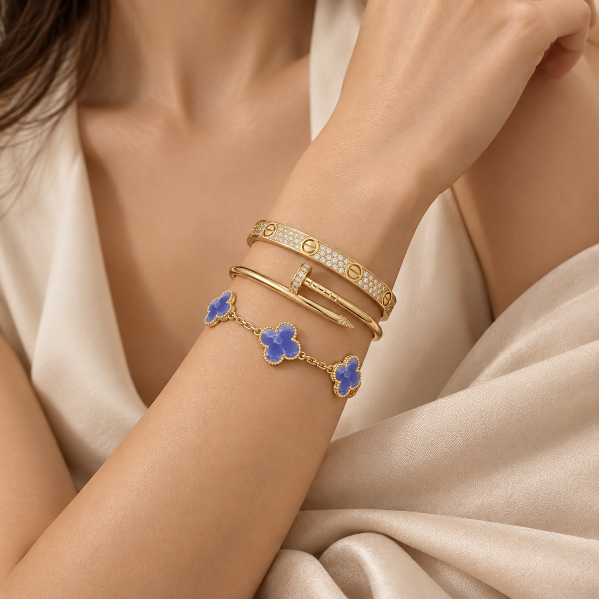 [Rosla] LOVE & JUSTE & Blue Veins Clover 5-Motif Diamond Bracelet Stack Set
