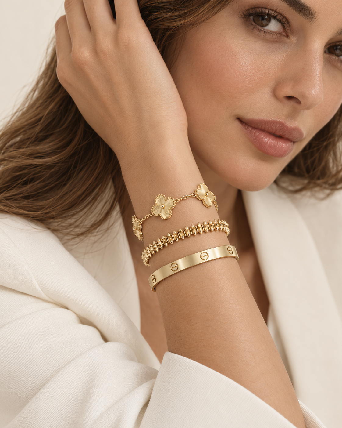 [Rosla] CLASH & Clover Laser 5-Motif & LOVE Brushed Bracelet Stack Set