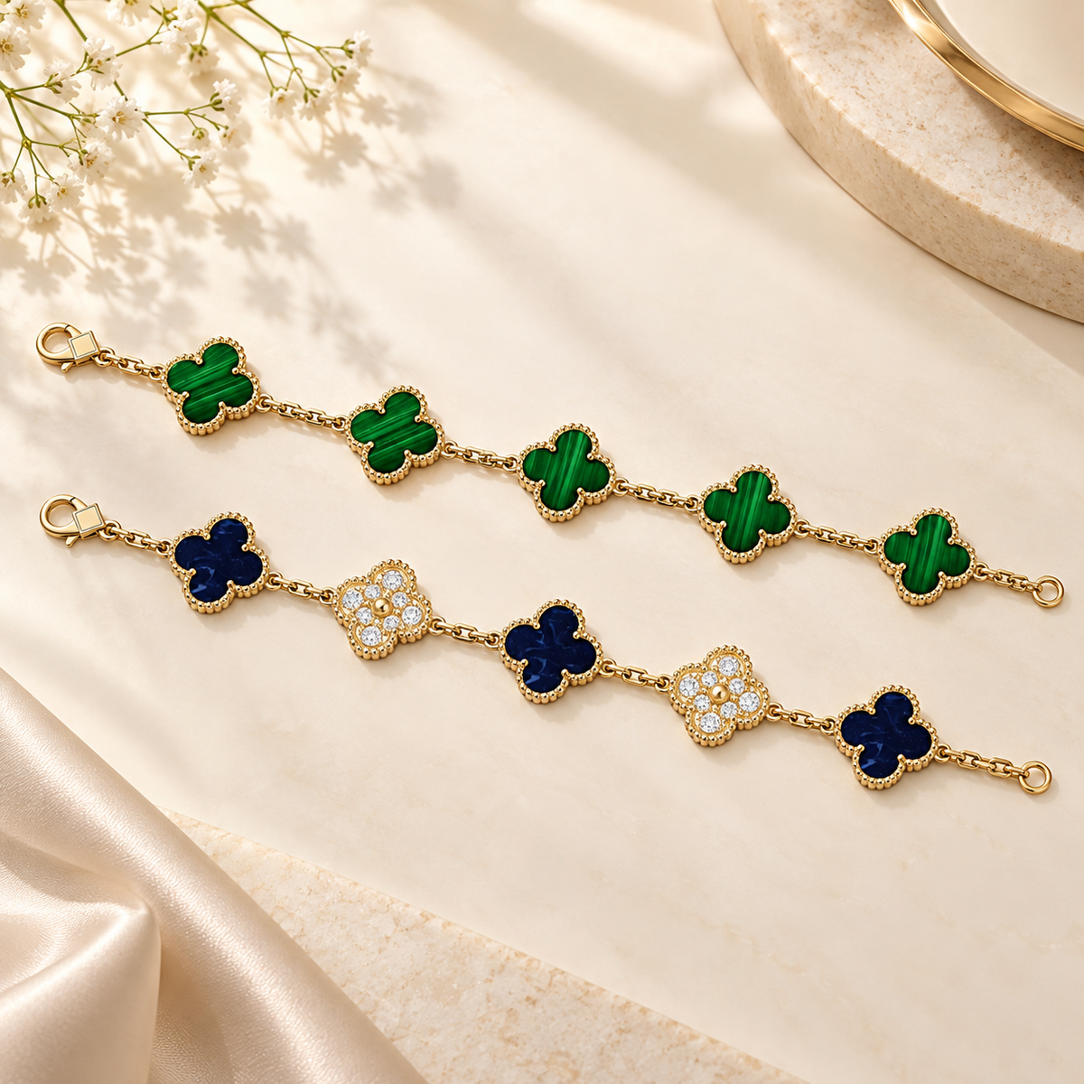 [Rosla]Clover 5-Motif Malachite & Pietersite Bracelet Stack Set