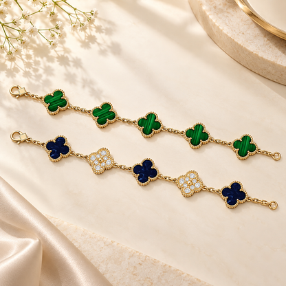 [Rosla]Clover 5-Motif Malachite & Pietersite Bracelet Stack Set