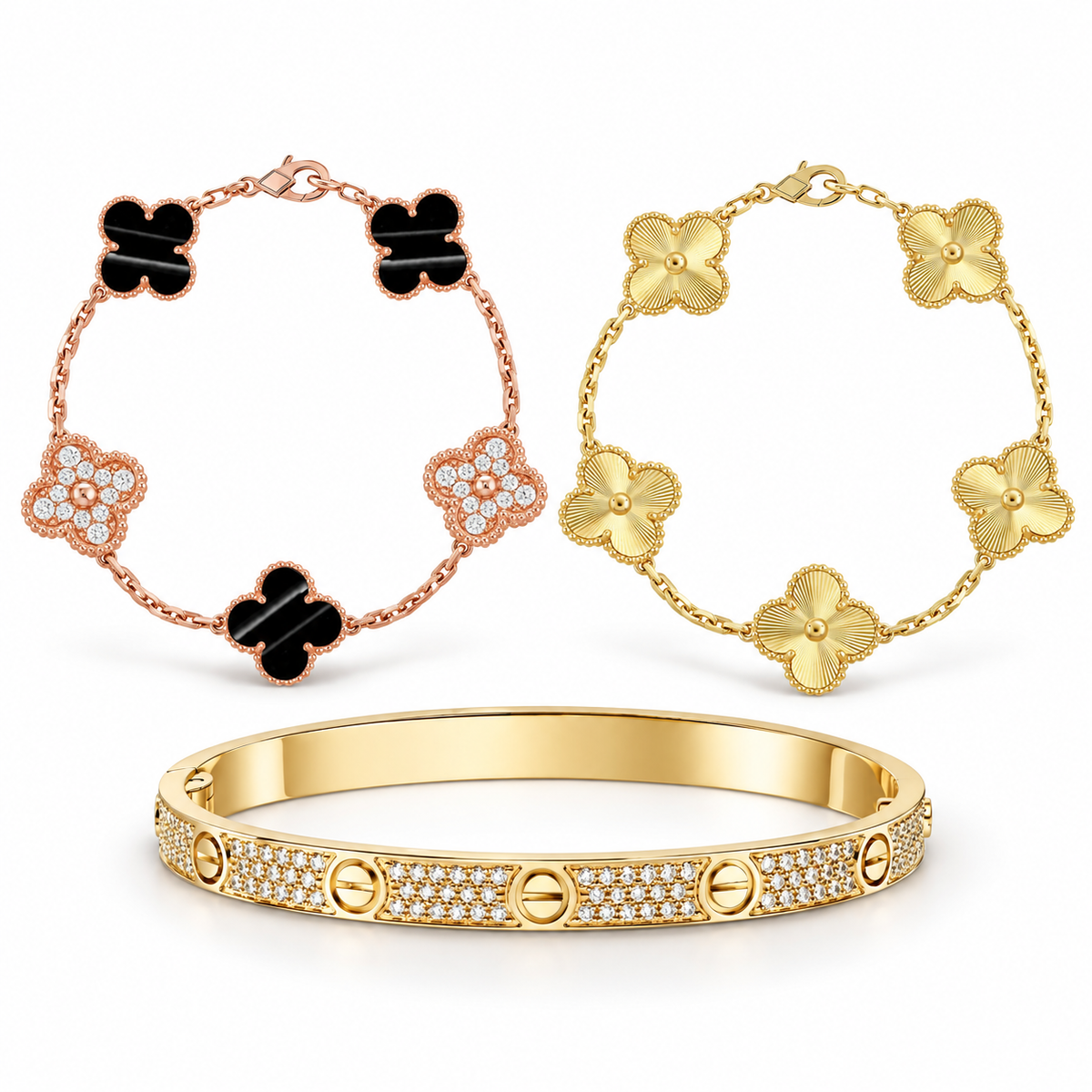 [Rosla]Clover Laser  Pulsar Stone 5-Motif & LOVE Diamond-Paved Bracelet Stack Set