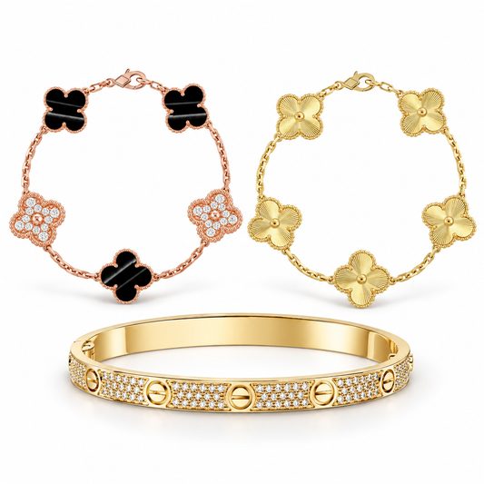 [Rosla]Clover Laser  Pulsar Stone 5-Motif & LOVE Diamond-Paved Bracelet Stack Set