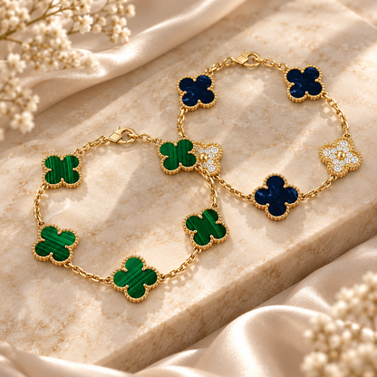 [Rosla]Clover 5-Motif Malachite & Pietersite Bracelet Stack Set
