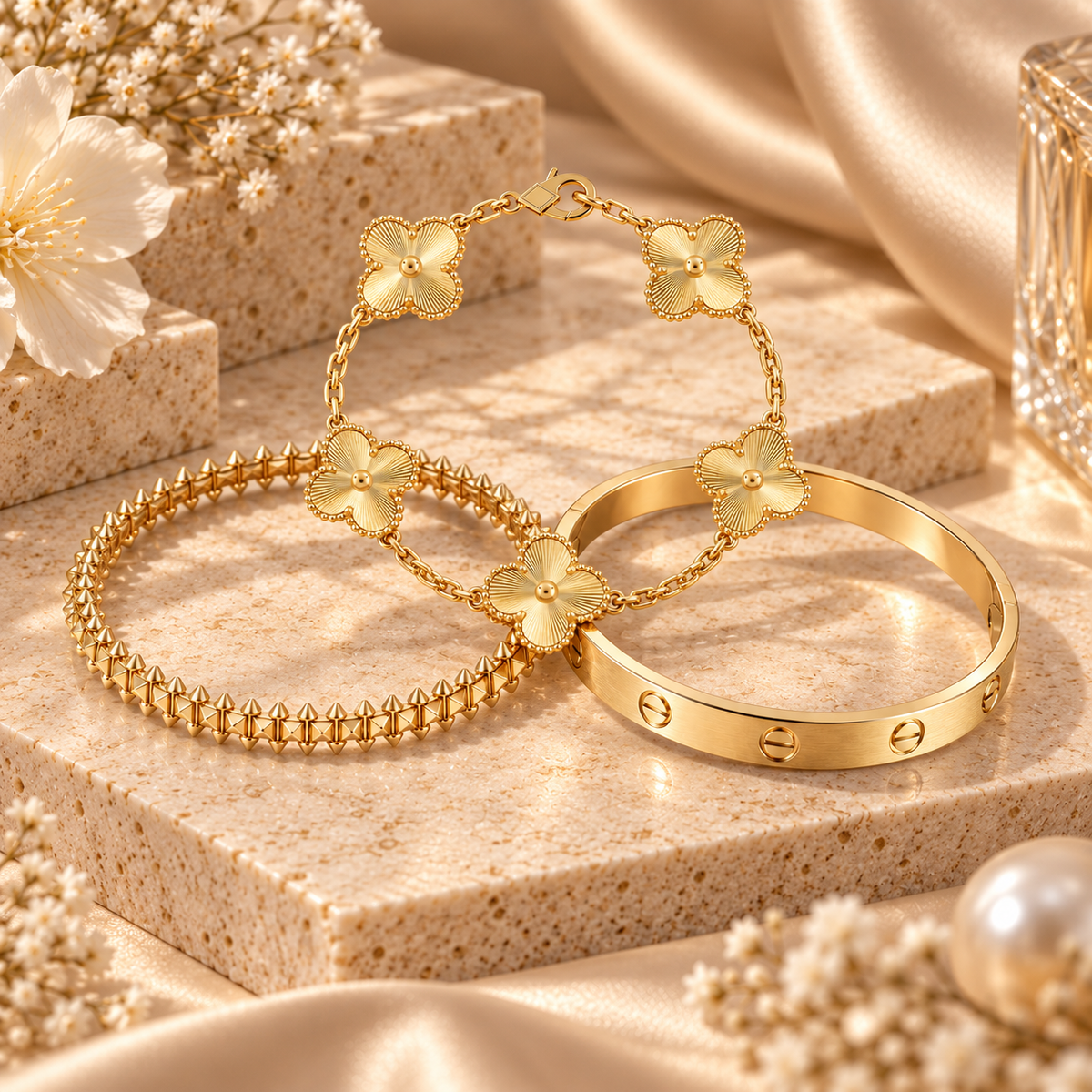 [Rosla] CLASH & Clover Laser 5-Motif & LOVE Brushed Bracelet Stack Set