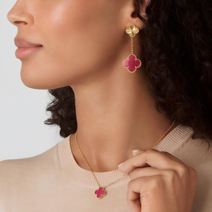 [Rosla]Clover Pink Enamel Necklace & Earring Jewelry Set
