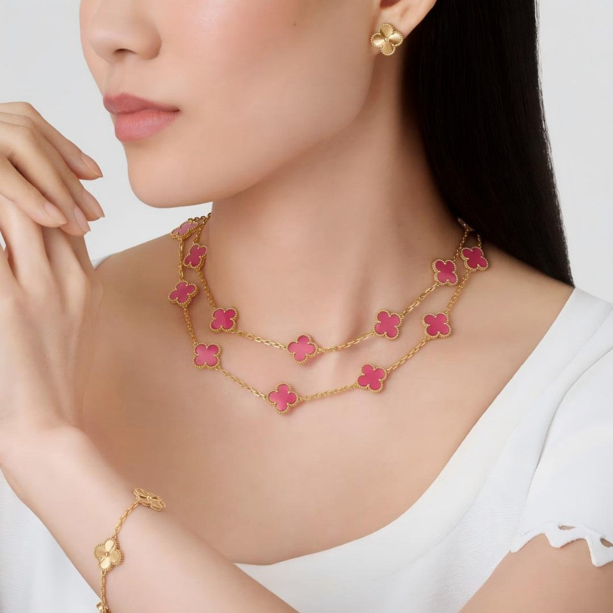 [Rosla]Clover Pink Enamel Necklace & Earring Jewelry Set