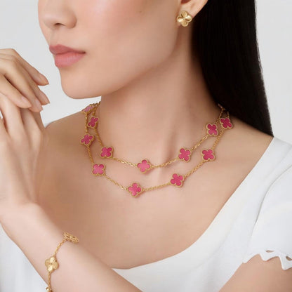[Rosla]Clover Pink Enamel Necklace & Earring Jewelry Set