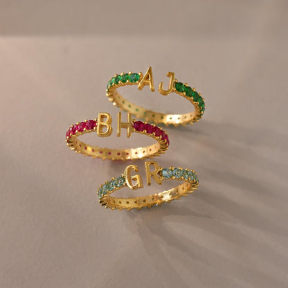 Duo Initial Birthstone Tennis Ring
