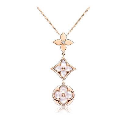 [Rosla]COLOR BLOSSOM LARIAT NECKLACE PINK GOLD WHITE MOTHER PEARL AND DIAMOND
