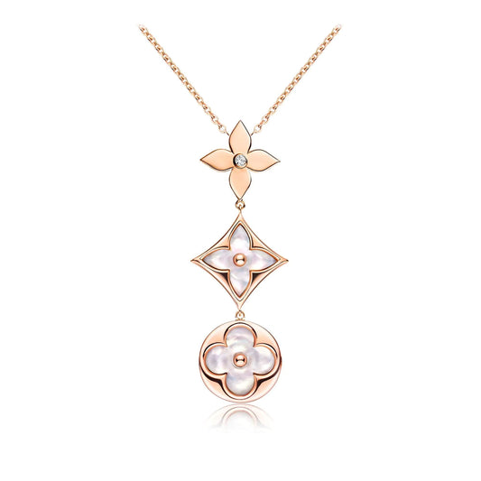 [Rosla]COLOR BLOSSOM LARIAT NECKLACE PINK GOLD WHITE MOTHER PEARL AND DIAMOND