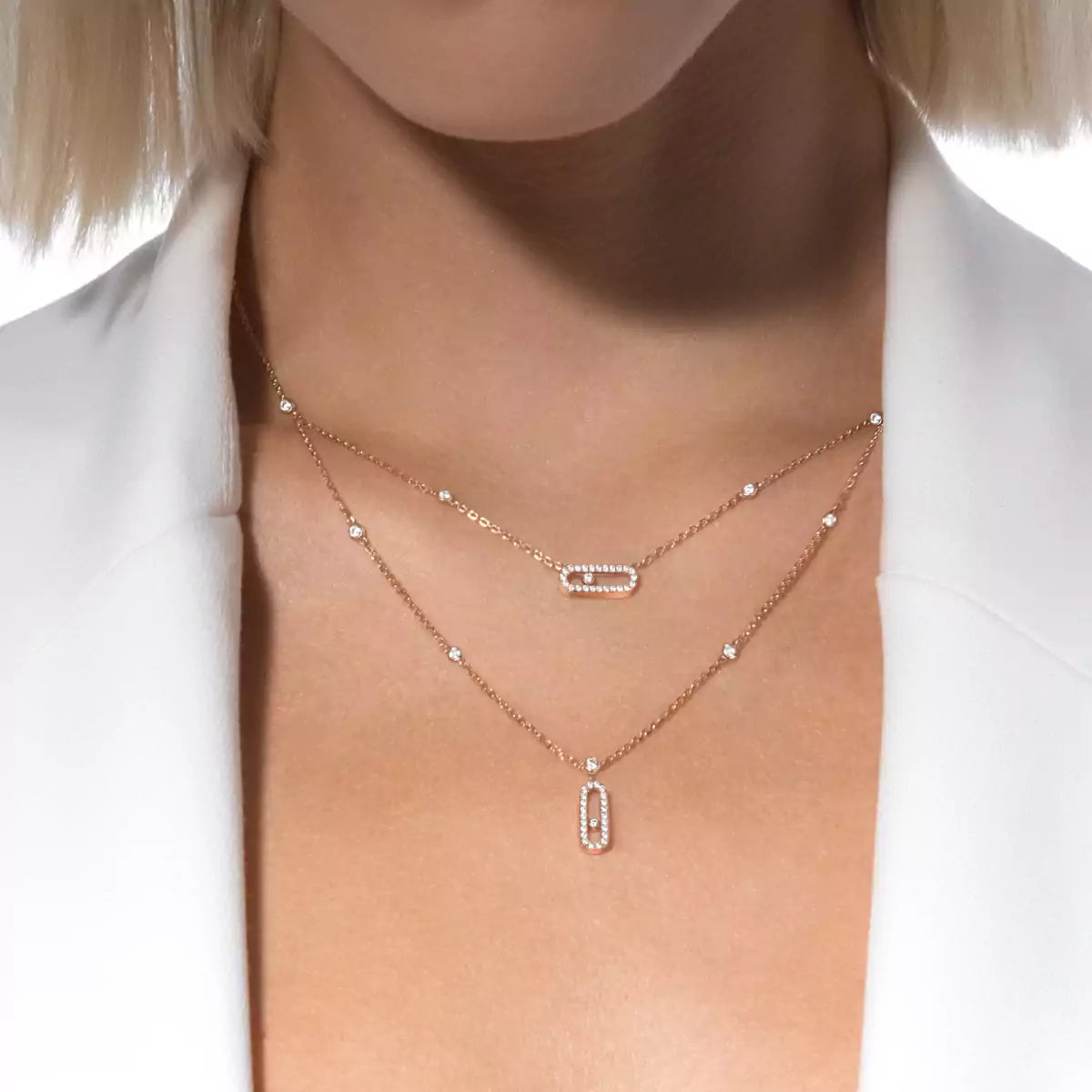 [Rosla]2 Rows Rose Gold Diamond Pave_ Necklace Move Uno