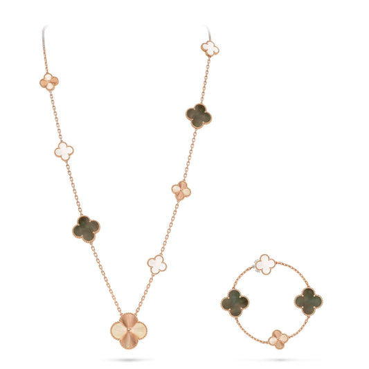 [Rosla]DETACHABLE CLOVER 15(11+4) FLOWER ROSE GOLD NECKLACE SET