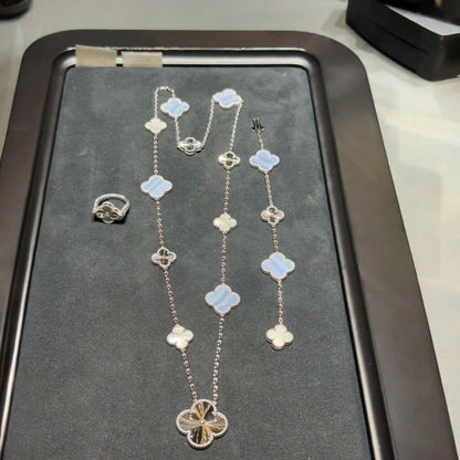 [Rosla]DETACHABLE CLOVER 15(11+4) FLOWER SILVER NECKLACE SET