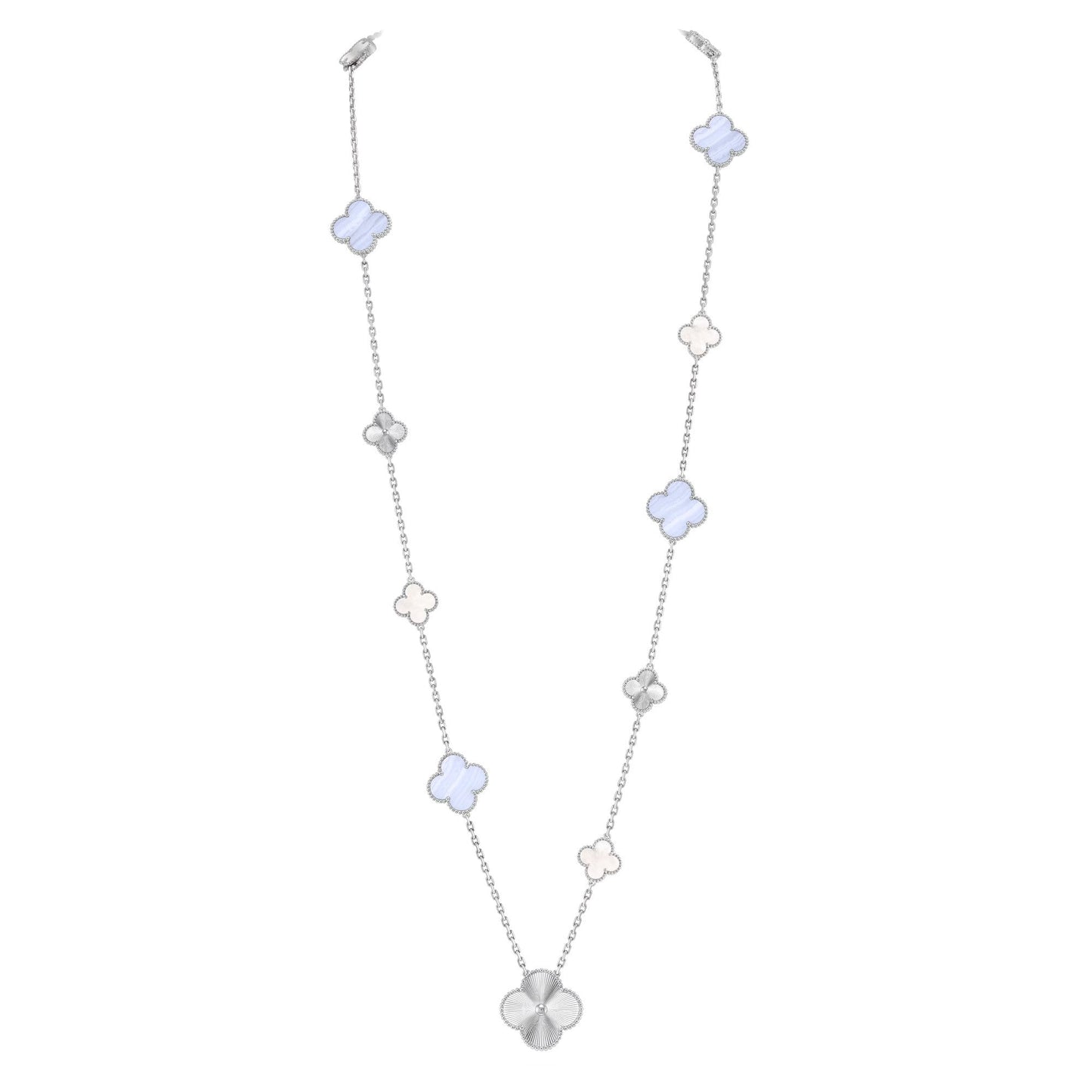 [Rosla]DETACHABLE CLOVER 15(11+4) FLOWER SILVER NECKLACE SET