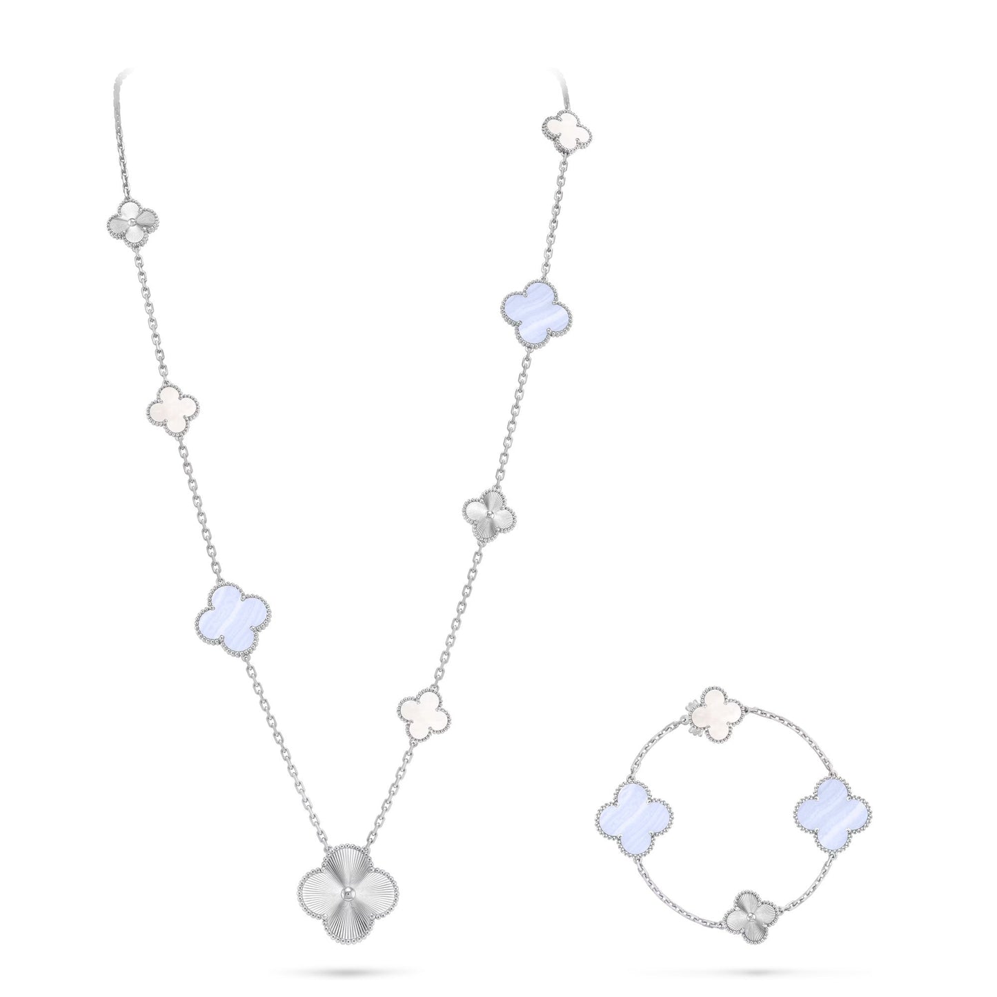 [Rosla]DETACHABLE CLOVER 15(11+4) FLOWER SILVER NECKLACE SET