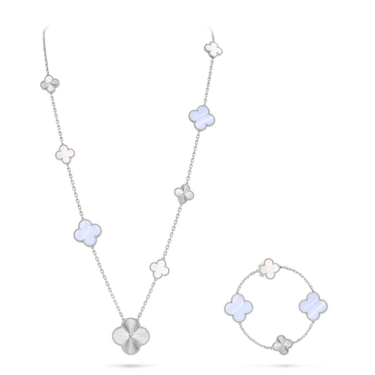 [Rosla]DETACHABLE CLOVER 15(11+4) FLOWER SILVER NECKLACE SET