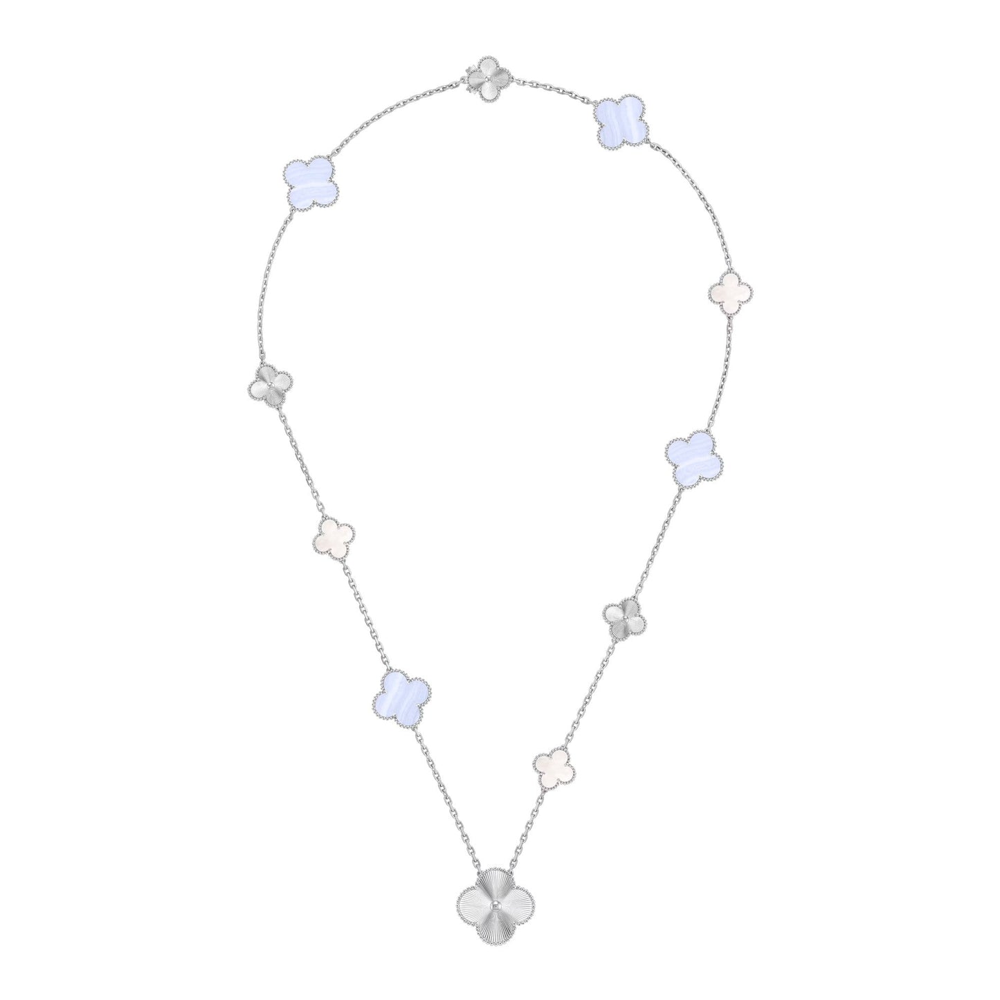 [Rosla]DETACHABLE CLOVER 15(11+4) FLOWER SILVER NECKLACE SET