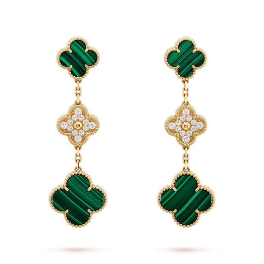 [Rosla]CLOVER EARRINGS GOLD MALACHITE DIAMOND 3 MOTIF