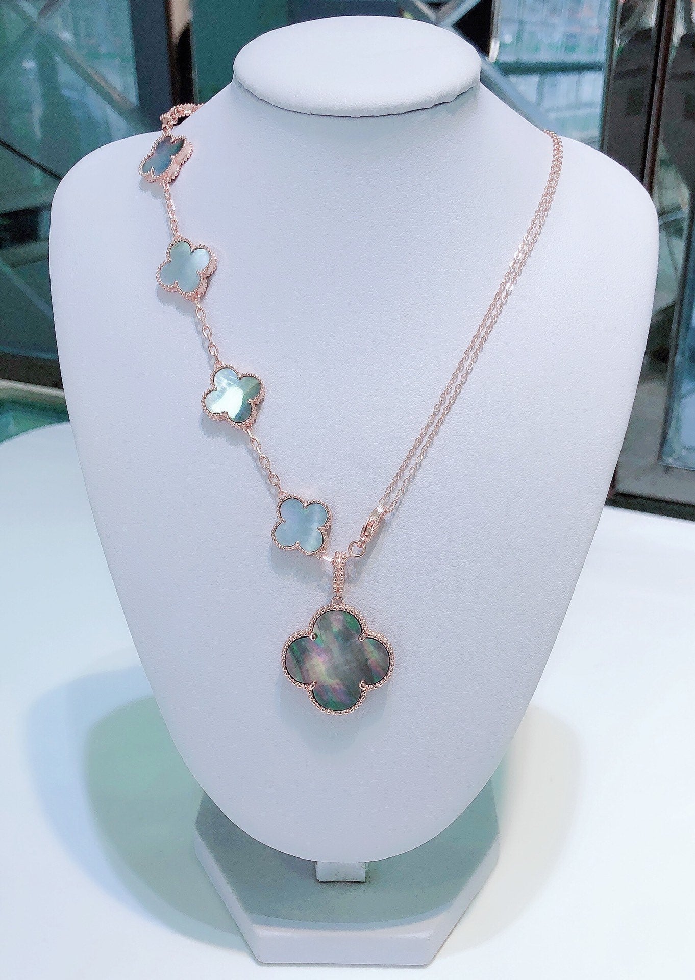 [Rosla]COMBINED BRACELET 5 MOTIFS AND NECKLACE DARK MOP ROSE GOLD
