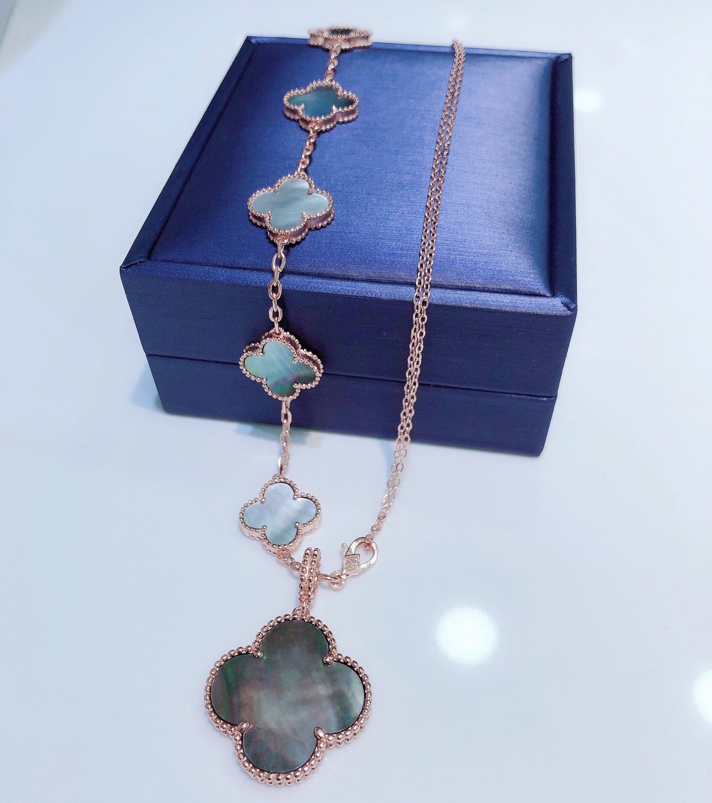 [Rosla]COMBINED BRACELET 5 MOTIFS AND NECKLACE DARK MOP ROSE GOLD