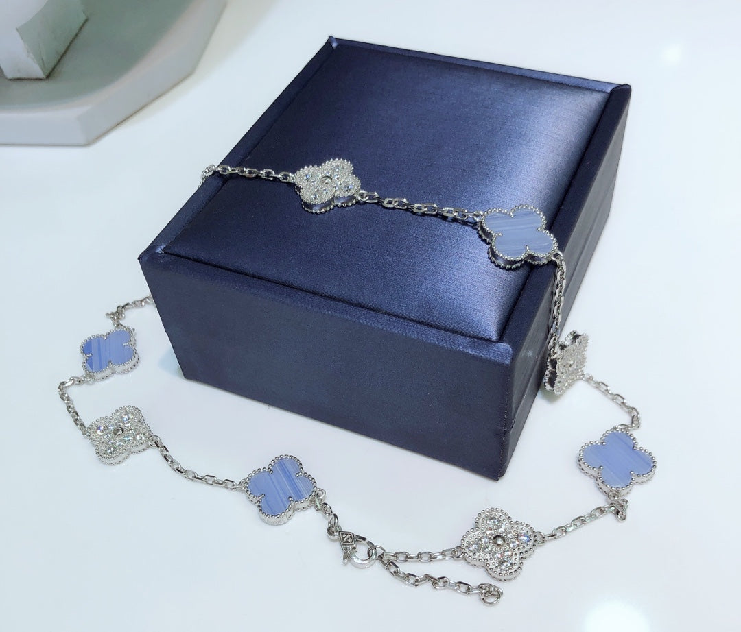 [Rosla]CLOVER 10 MOTIFS CHALCEDONY DIAMONDS SILVER NECKLACE