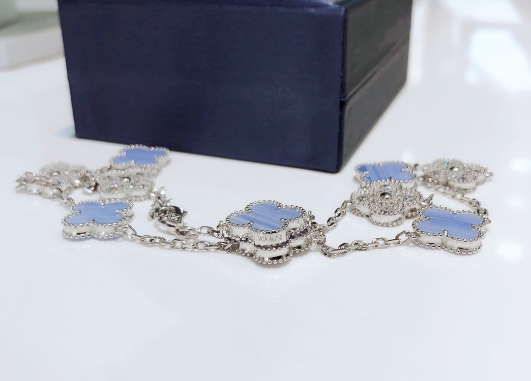 [Rosla]CLOVER 10 MOTIFS CHALCEDONY DIAMONDS SILVER NECKLACE
