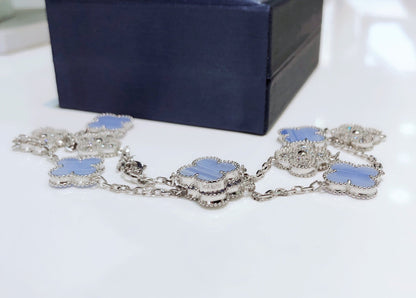 [Rosla]CLOVER 10 MOTIFS CHALCEDONY DIAMONDS SILVER NECKLACE