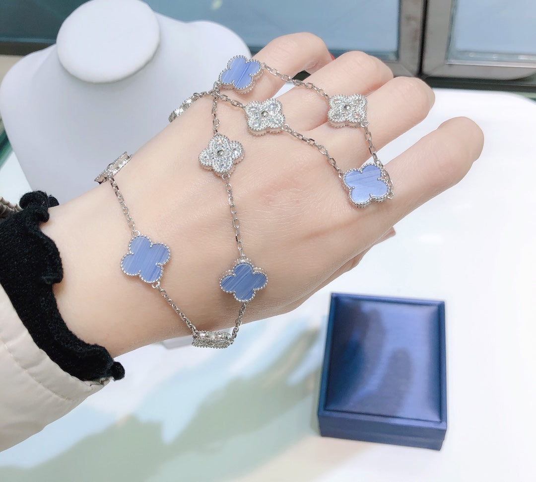 [Rosla]CLOVER 10 MOTIFS CHALCEDONY DIAMONDS SILVER NECKLACE